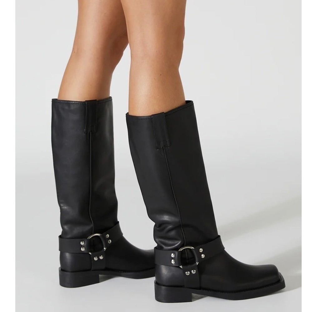 NEW Black Harness Boot Moto Chunky Riding Womens Square Toe Y2K 90s Block Heel 8